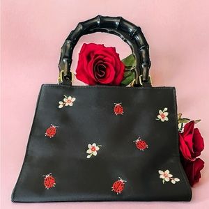 Tianni Embroidered Handbag Faux Bamboo Black Handles